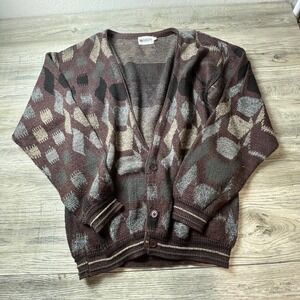 Megalos Cardigan Men XLT Brown Geometric Abstract Vintage 90s Knit Sweater USA
